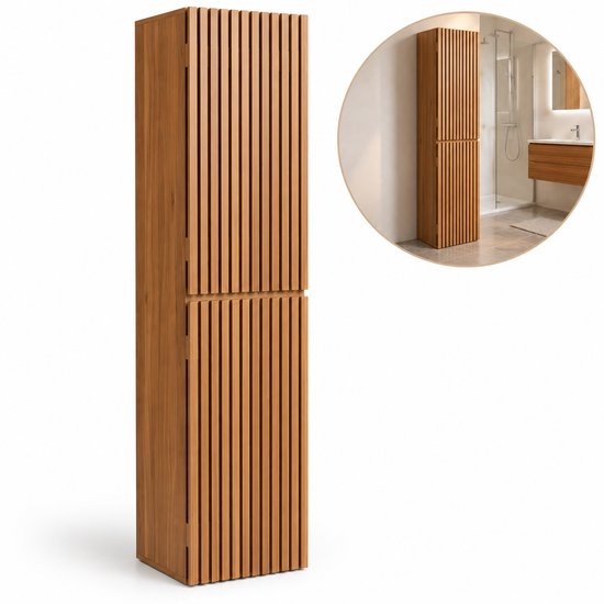 Hoge kast in houtlook met lattenontwerp, inclusief cirkelvormige inzet met een badkameromgeving.