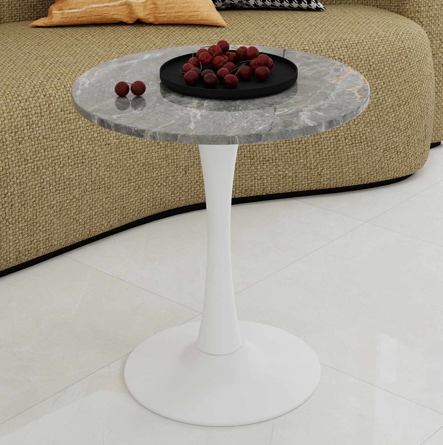 CHICFURN Bijzettafel - 2 personen - rond - tafelvoet - antiek wit en grijs