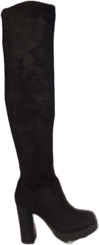 Bottes hautes noires en similicuir suédé avec un talon bloc épais et une semelle plateforme.
