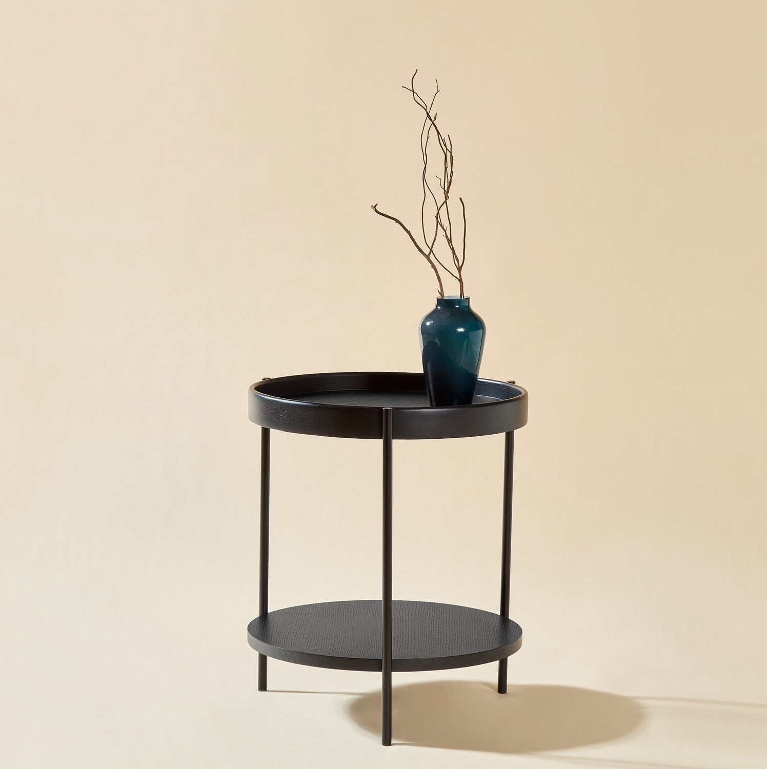 CHICFURN Bijzettafel 44 cm - 2-laags traydesign - Rond - Woonkamer - Hout, MDF en metaal - Zwart