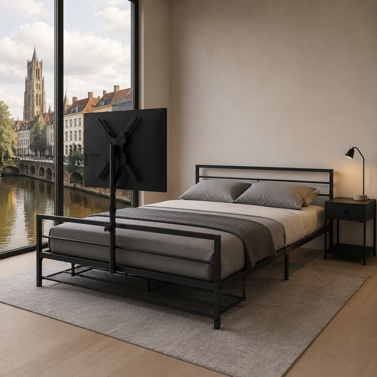 WUVRIE Eenpersoons bedframe 90x200 cm met LED-verlichting, monitorhouder en opbergmand, zwart