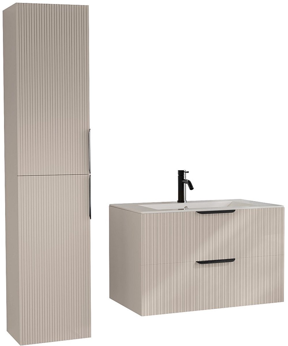 Vente-unique Zwevend badkamermeubel met ribbelstructuur en inbouwwastafel, kast en kraan - Beige kleur - 80 cm - DALIKO