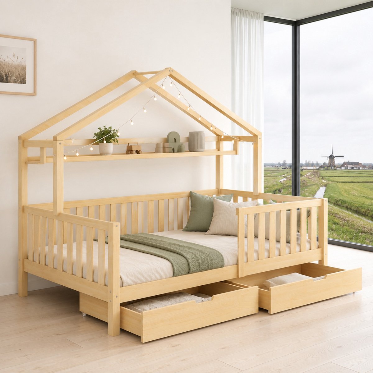 WUVRIE Huisbed 90x200 cm met 2 lades, opbergruimte en lattenbodem in naturel voor kinderkamer