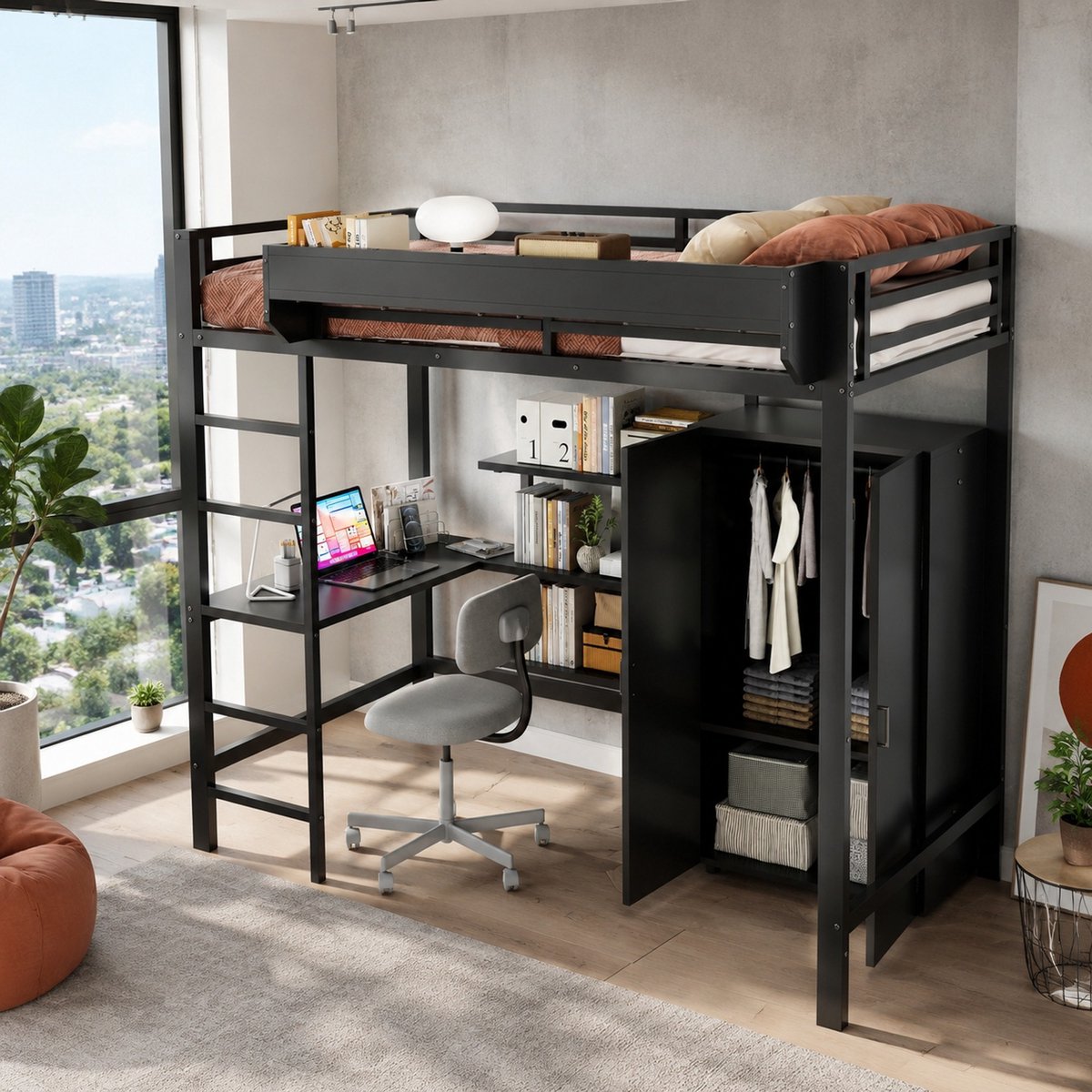 REDOM - Hoogslaper met bureau en kledingkast - Met opbergruimte en ladder - Met uitvalbeveiliging - Moderne stijl - Kinderkamer - Metaal en spaanplaat - Zwart - 205 x 95 x 180 cm