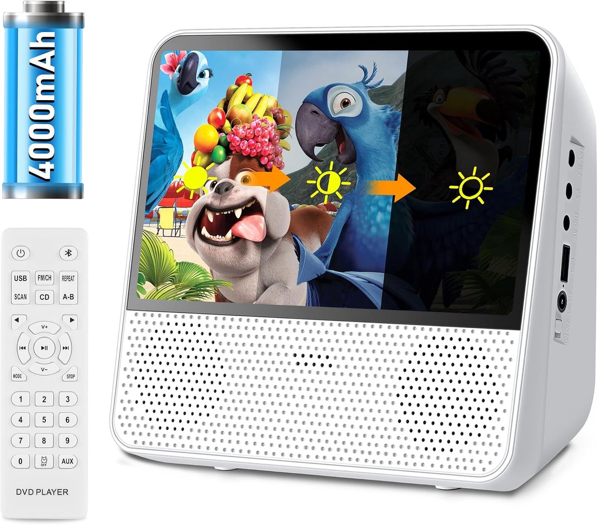 Draagbare DVD-speler met 4000mAh oplaadbare batterij - ondersteunt CD/DVD/Bluetooth/USB/MP3/AV, ingebouwde dubbelluidspreker CD/DVD speler, Afspelen in geheugen/Afstandsbediening/Timer - (wit)