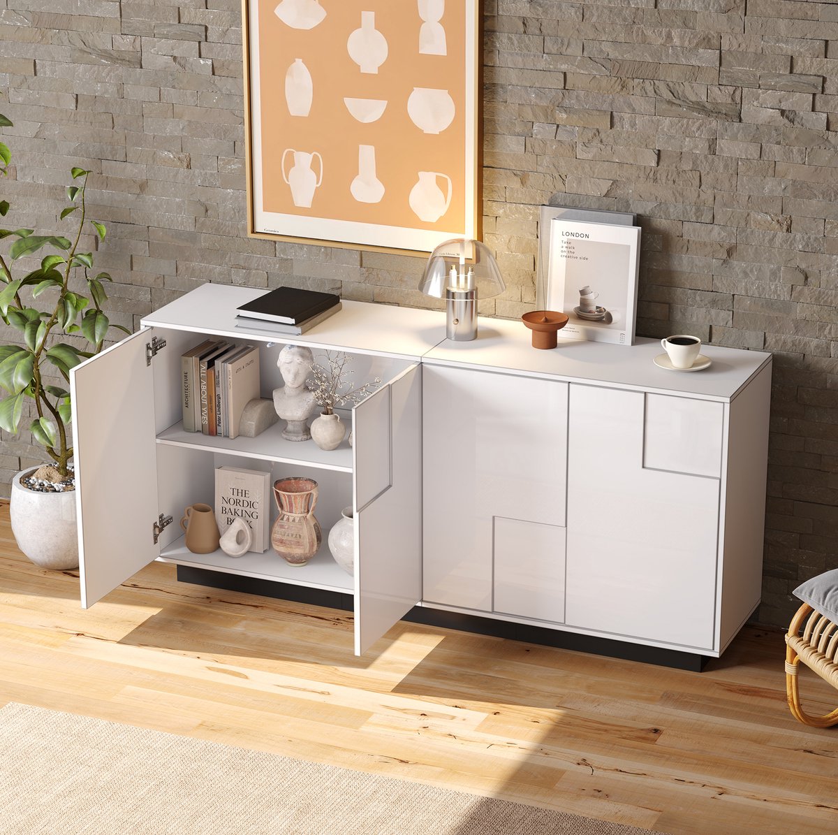 MODENUIT Dressoir - Geometrisch Design Met Hoogglans En 4 Deuren - Spaanplaat - Wit/Zwart - 160x37x75,5 Cm