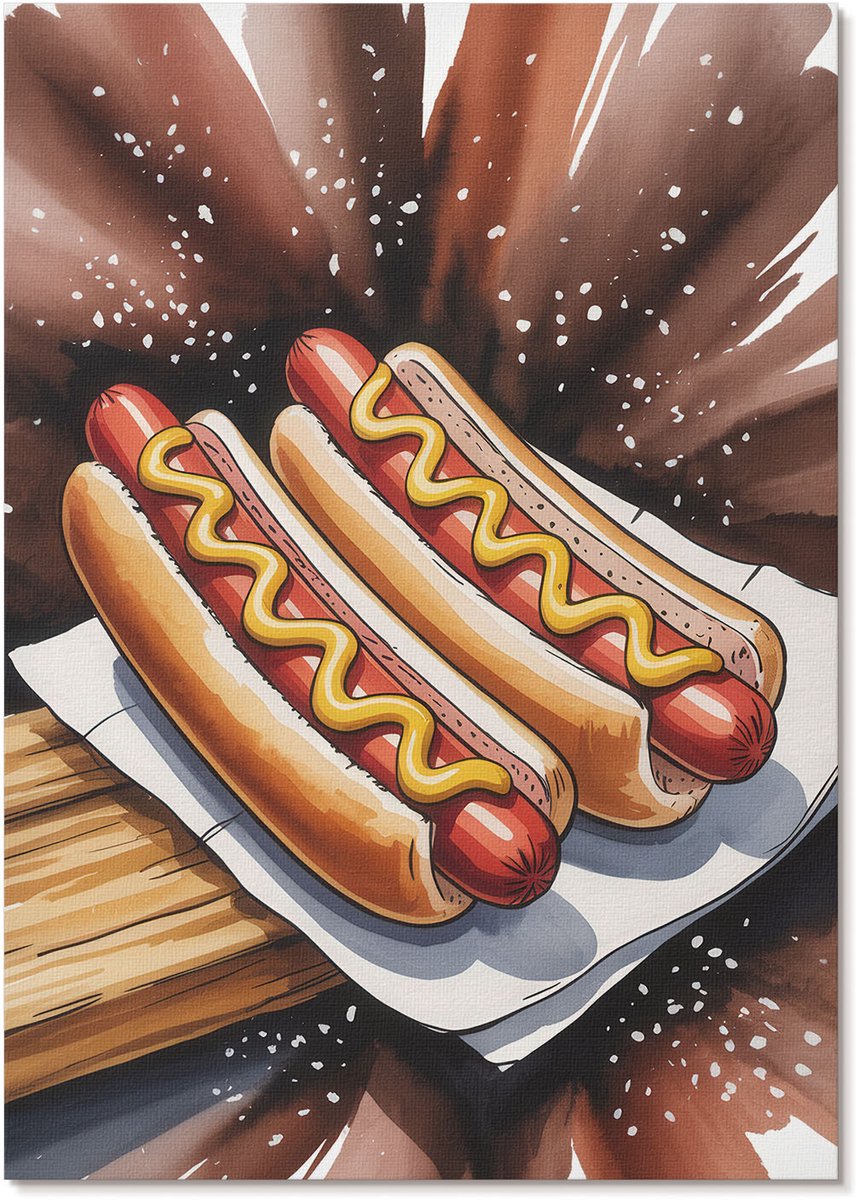 Tulup Polycanvas Wandposter - Lekkere Hotdogs, Illustratie - A4 - Bruin Patroon - Rechthoek - Interieurdecoratie - Woonkamer, Slaapkamer, Kantoor - Expressief