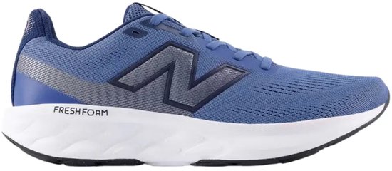 Blauwe New Balance sportschoen met een witte zool en grijs 'N' logo.