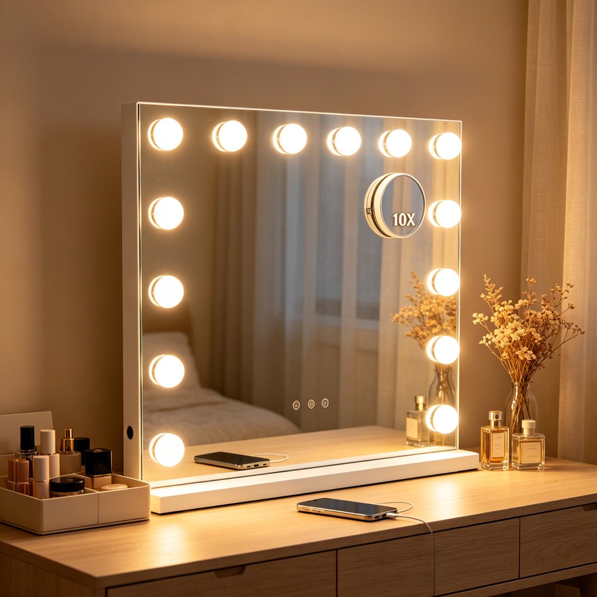 ANTENLICHT Make Up Spiegel met Verlichting - Hollywood Spiegel 50x42CM - 10X Vergroting - Vergrootspiegel - 14 LED Lampen - Dimbaar - Make Up Spiegel - Wit