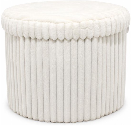 Ronde, witte opbergpoef bekleed met zachte, geribbelde stof.