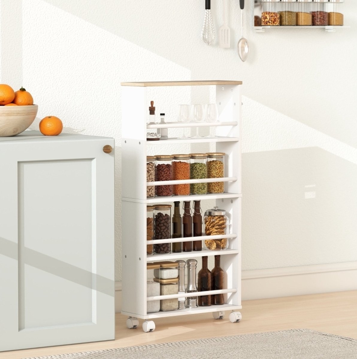 REDOM - Multifunctioneel opbergrek met wielen - Smalle uitvoering - 4 vakken - Open ontwerp - Keuken, badkamer of woonkamer - Hout - Wit, Naturel hout - 45 x 15 x 91 cm