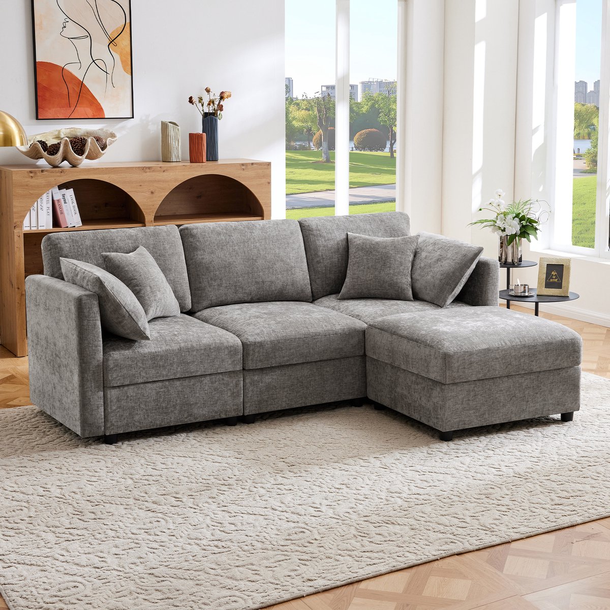 3-zits hoekbank - 218 x 156,5 x 86 cm - chenille bekleding - modulair samen te stellen - inclusief kussens - met veer- en schuimvulling - Grijs