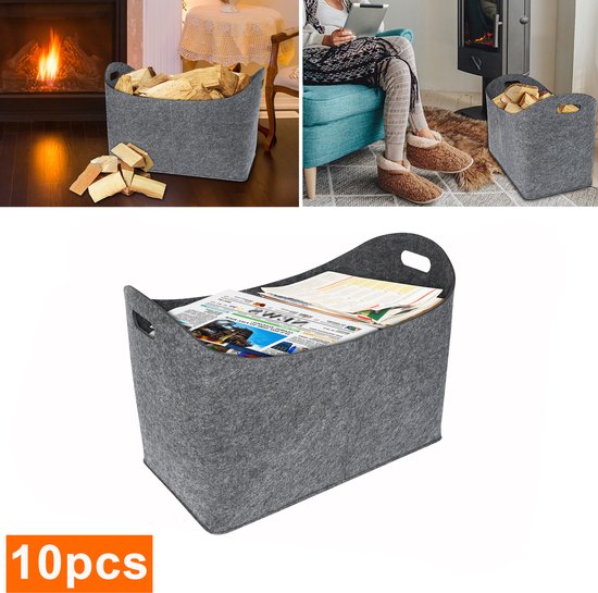 Panier gris en feutre avec bois de chauffage près d'une cheminée et avec des magazines près d'un coin salon.
