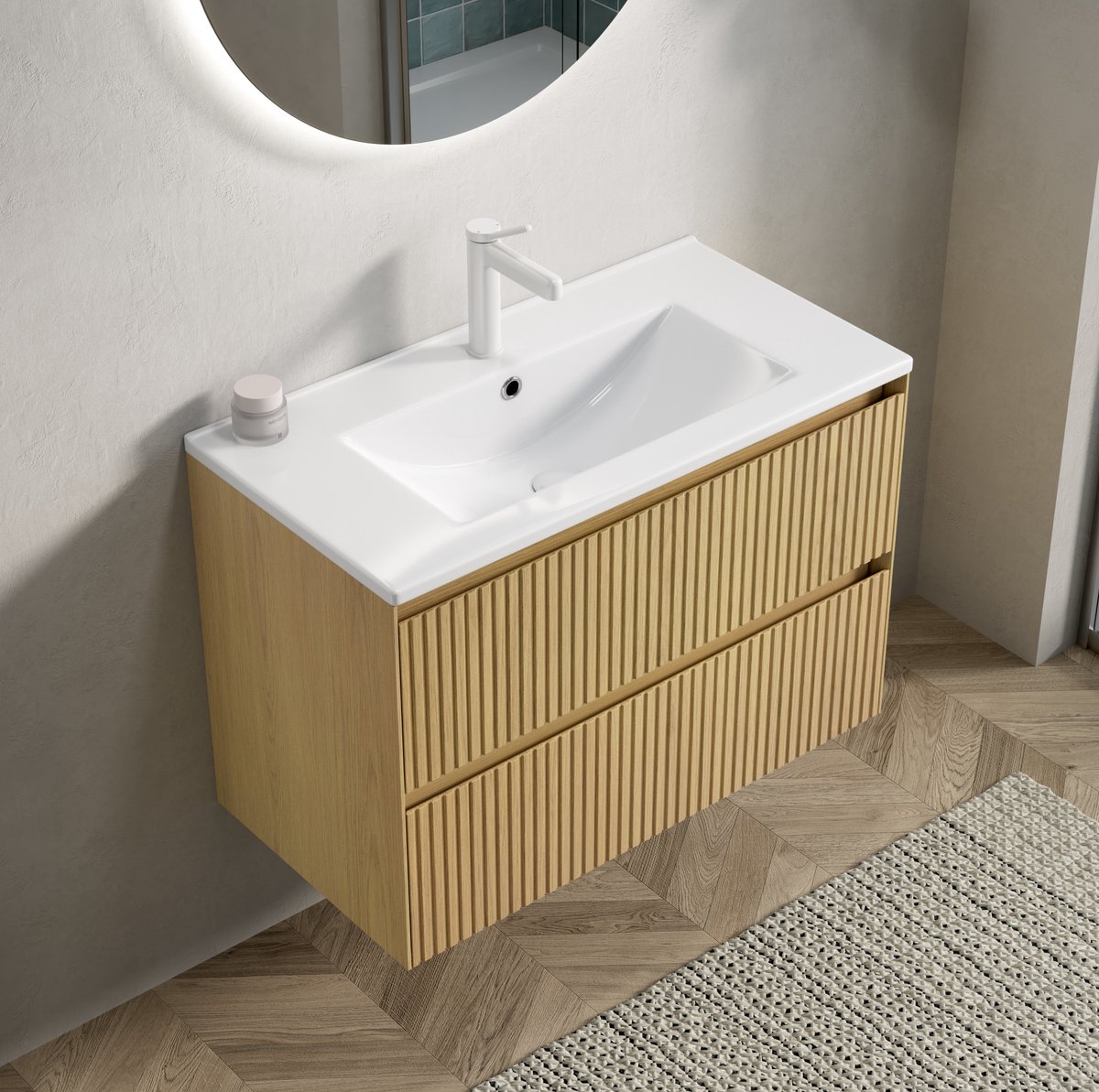 REDOM - Badkamermeubel - Hangend ontwerp - Geïntegreerde keramische wastafel - 2 lades met soft-close - Multiplex kast - Wit en Gouden eik - 75 x 39 x 50 cm
