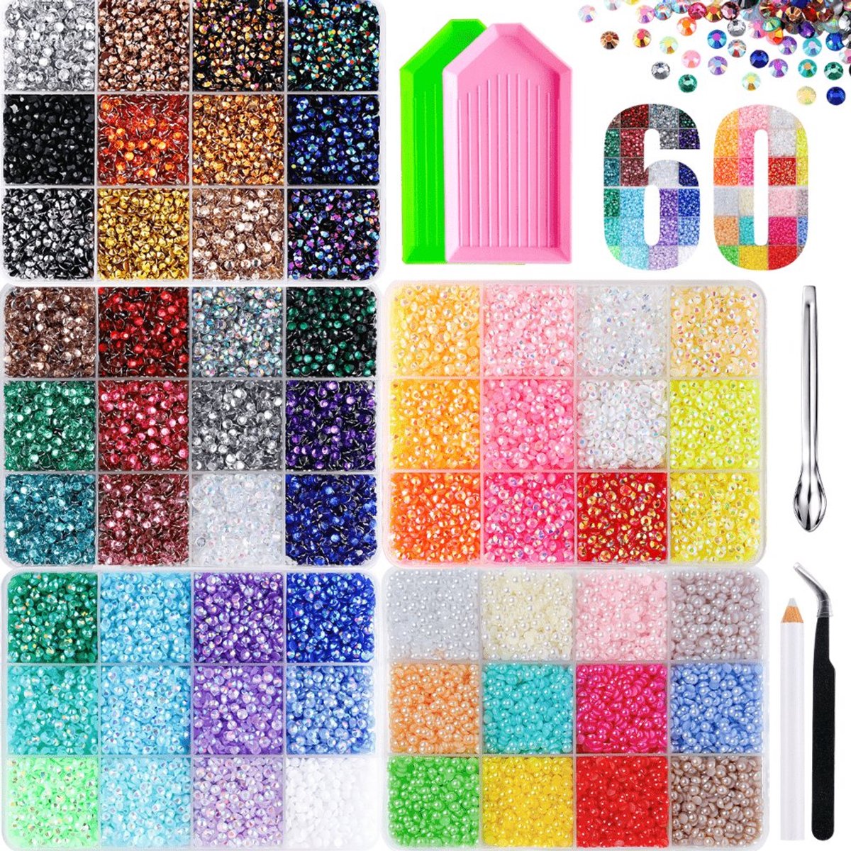 Currero Bedazzle Kit - Bedazzling - Plakstenen - Strass Steentjes - DIY Versieren - 60 Vakken - Nagel Decoratie - Met Pincet En Applicator - Wit