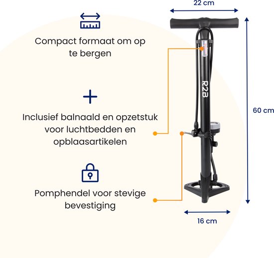 R2B® Fietspomp met Drukmeter - Dubbele Ventielkop - Incl. Opzetstuk voor o.a. Ballen & Luchtbed - Fietspompen - Pomp van R2B — afbeelding 4