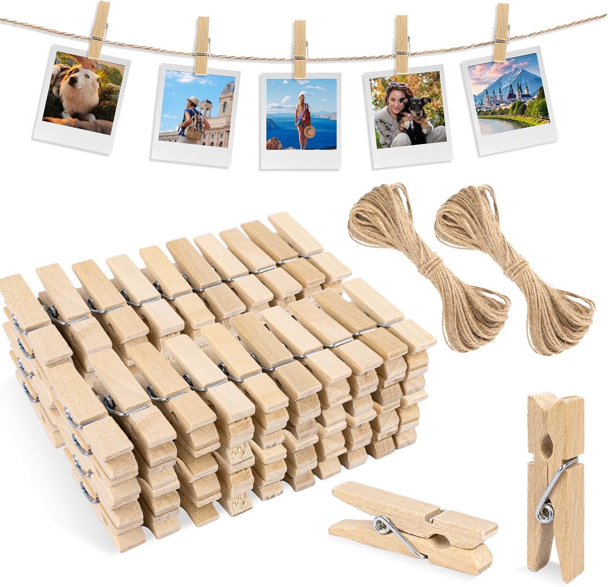 Mini houten wasknijpers met koord - 100 bruine handgemaakte clips, 3,5 cm fotoclips, perfect voor knutselprojecten, bruiloftsdecoraties, schoolprojecten en fotowanden.
