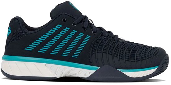 Donkerblauwe tennisschoen met turquoise strepen en witte zool.