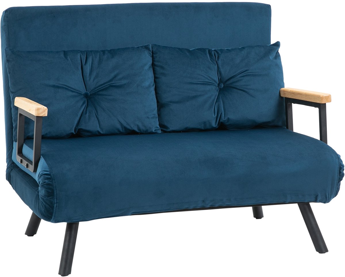 Slaapbank 4-in-1 2-zitsbank met slaapfunctie, Opvouwbare bank Slaapbank met in 5 standen verstelbare rugleuning, Lendekussen en fleece-look voor woonkamer, blauw