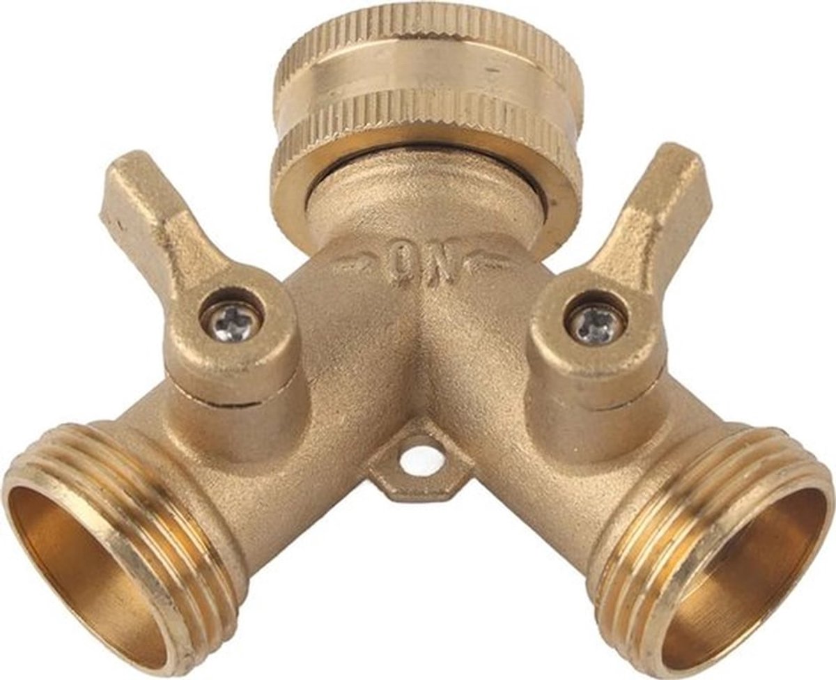 3/4-inch messing tweewegklep met omleidingskraan, geschikt voor tuinirrigatie.