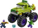 Groene monster truck met 'Hulk Smash!' opschrift, Hulk en Thanos minifiguren.