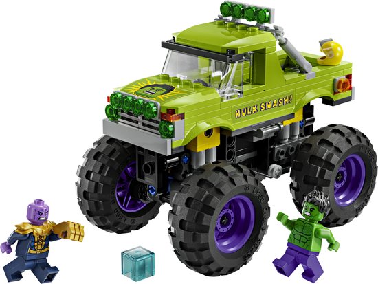 Groene monster truck met 'Hulk Smash!' opschrift, Hulk en Thanos minifiguren.