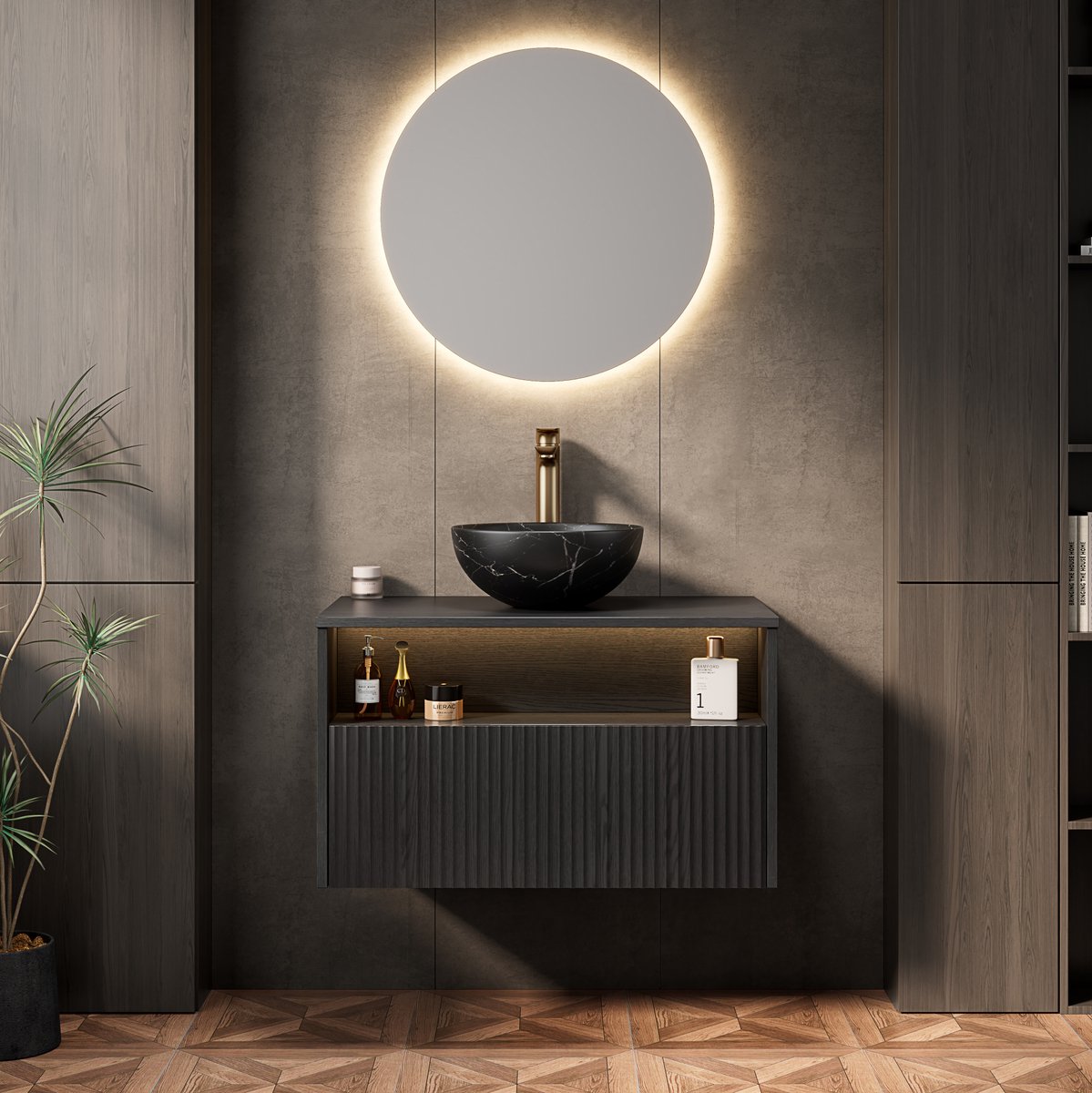 FloraGrace Badkamermeubel - Wandhangend Wastafelmeubel Met Ledverlichting En Zachtsluitlade - Voor Moderne Badkamer - Multiplex En Keramiek - Zwart - 80 Cm