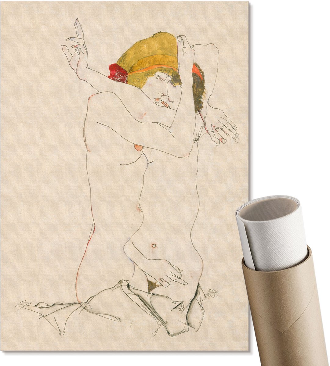 Coloray Polycanvas Wandposter - Twee Vrouwen Die Elkaar Omarmen, Tekening - A4 - Beige Motief - Rechthoek - Canvasposter - Woonkamer, Slaapkamer, Kantoor - Erotisch
