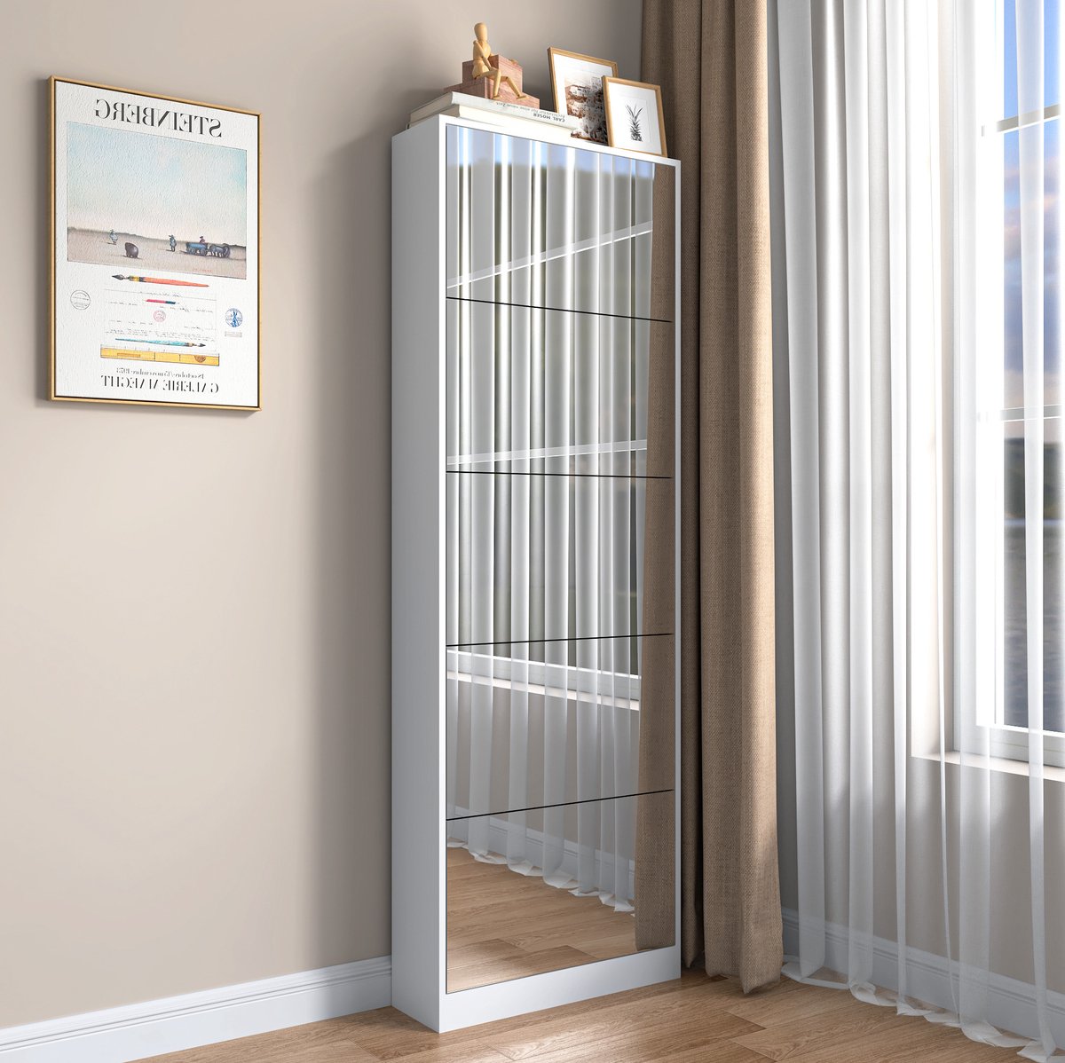 FloraGrace Schoenenkast Met Spiegel - Ruimtebesparend Smal Model Met Volledige Spiegel - Voor Hal En Entree - MDF - Wit - 63 x 19,6 x 185 cm