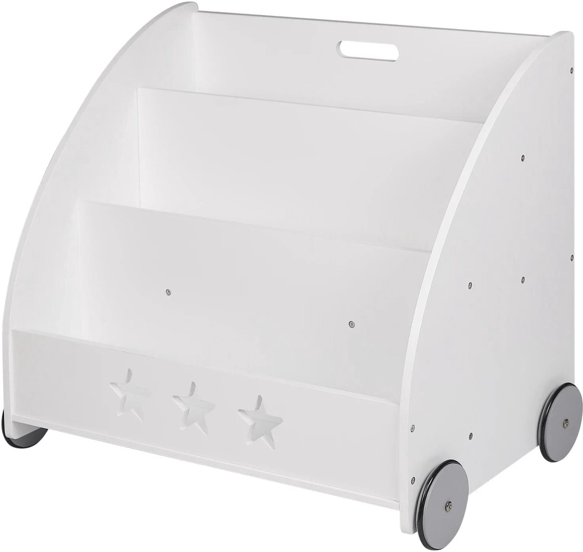 Klarven® Kinderboekenkast Wit - Kinderboekenkast Met Opbergruimte - Kinderboekenrek - Bookcase - Op Wielen - 3 Vakken Voor Boeken Van Alle Maten - Stabiel En Kindveilig - Trapeziumvorm b42xd62xh57cm
