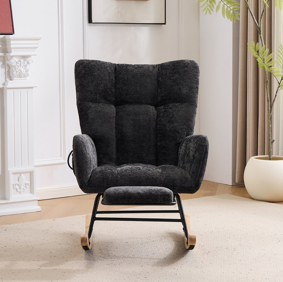 OKWISH Schommelstoel Fauteuil 63 Cm - Hoge Rugleuning Met Armleuningen En Voetsteun - Voor Woonkamer En Slaapkamer - Chenille - Zwart