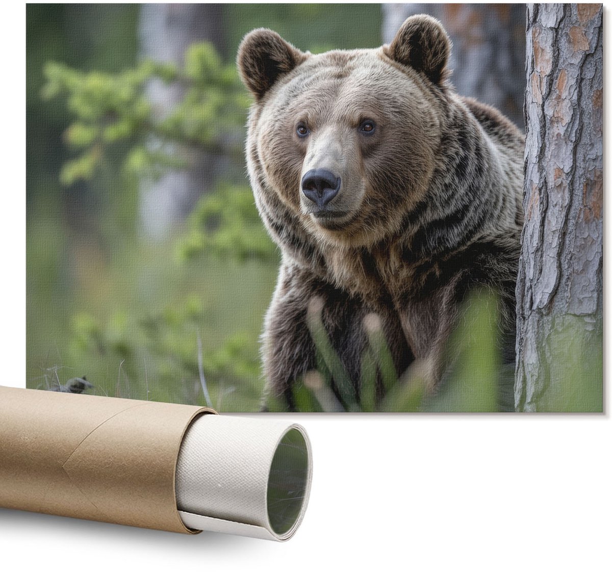 Coloray Polycanvas Wandposter – Beer in het Bos, Bruin – A1 – Grijs Design – Rechthoek – Muurdecoratie – Woonkamer – Vintage
