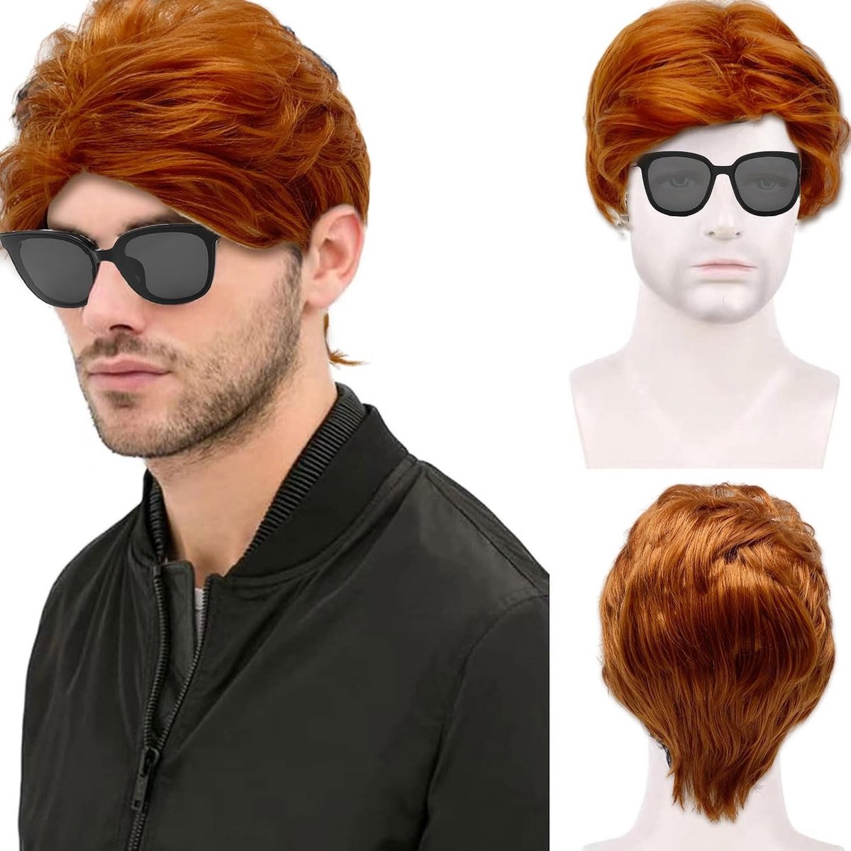 Korte Rood Curly Fluffy Perücke voor Mannen, 70's 80's Cosplay, Gelaagd Haar en Dagelijks Gebruik Kostuum Accessoire