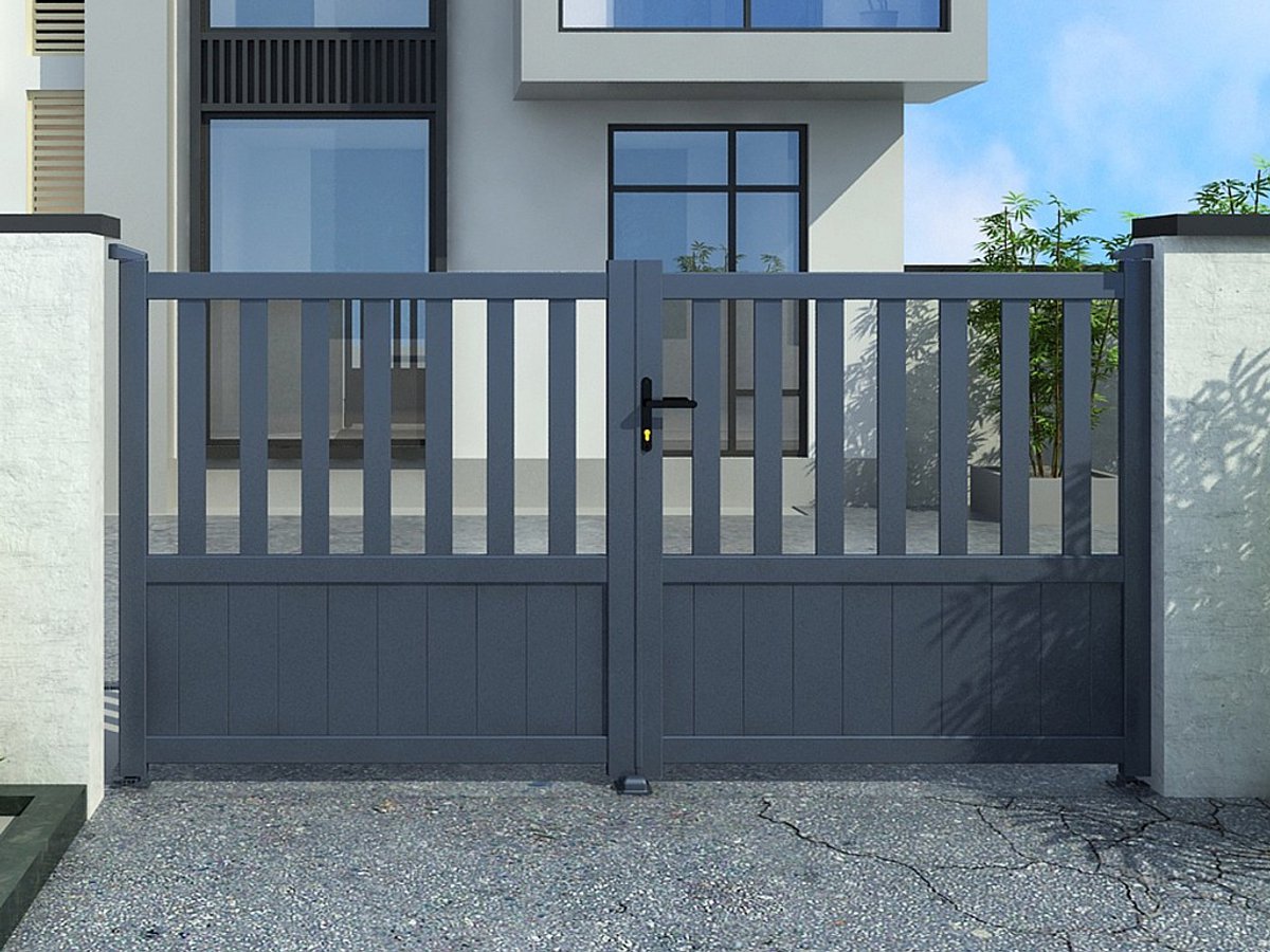 Vente-unique Opengewerkte aluminium draaipoort L343 x H140 cm antraciet TARNOS II