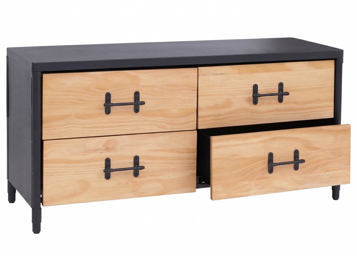 Commode MCW-Q66, dressoir, kast, ladekast in industriële stijl 60x120x40 cm ~ naturel hout, zwart metaal
