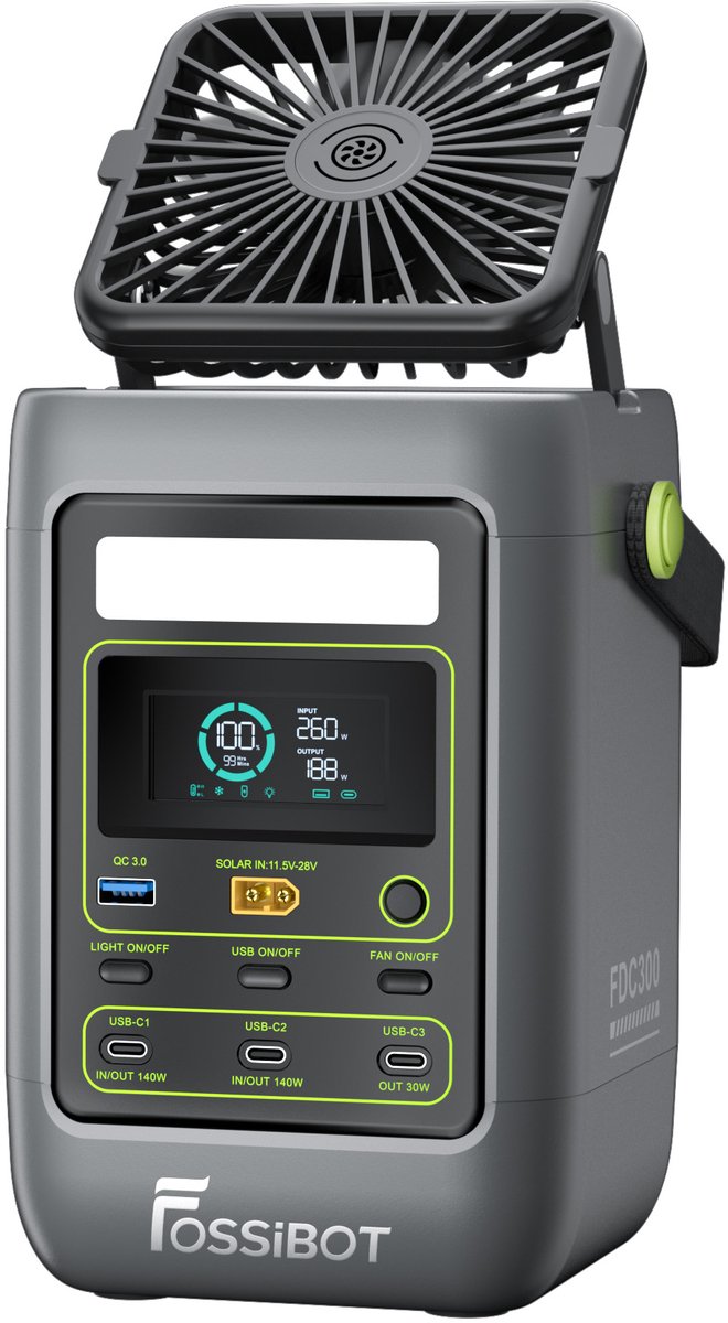 FOSSiBOT FDC300 Power Station 288Wh 90.000mAh LiFePO4 2x140W USB‑C PD, 1u14min Snelladen, 2,66kg Lichtgewicht, Zonne‑energie Opladen, 1,2m Valbestendig voor Kamperen en Noodstroom