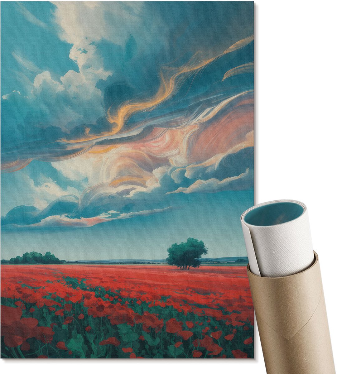 Coloray Polycanvas Wandposter - Papavervelden, Schilderen - A4 - Rood Patroon - Rechthoek - Muurkunst - Woonkamer, Slaapkamer, Kantoor - Expressief