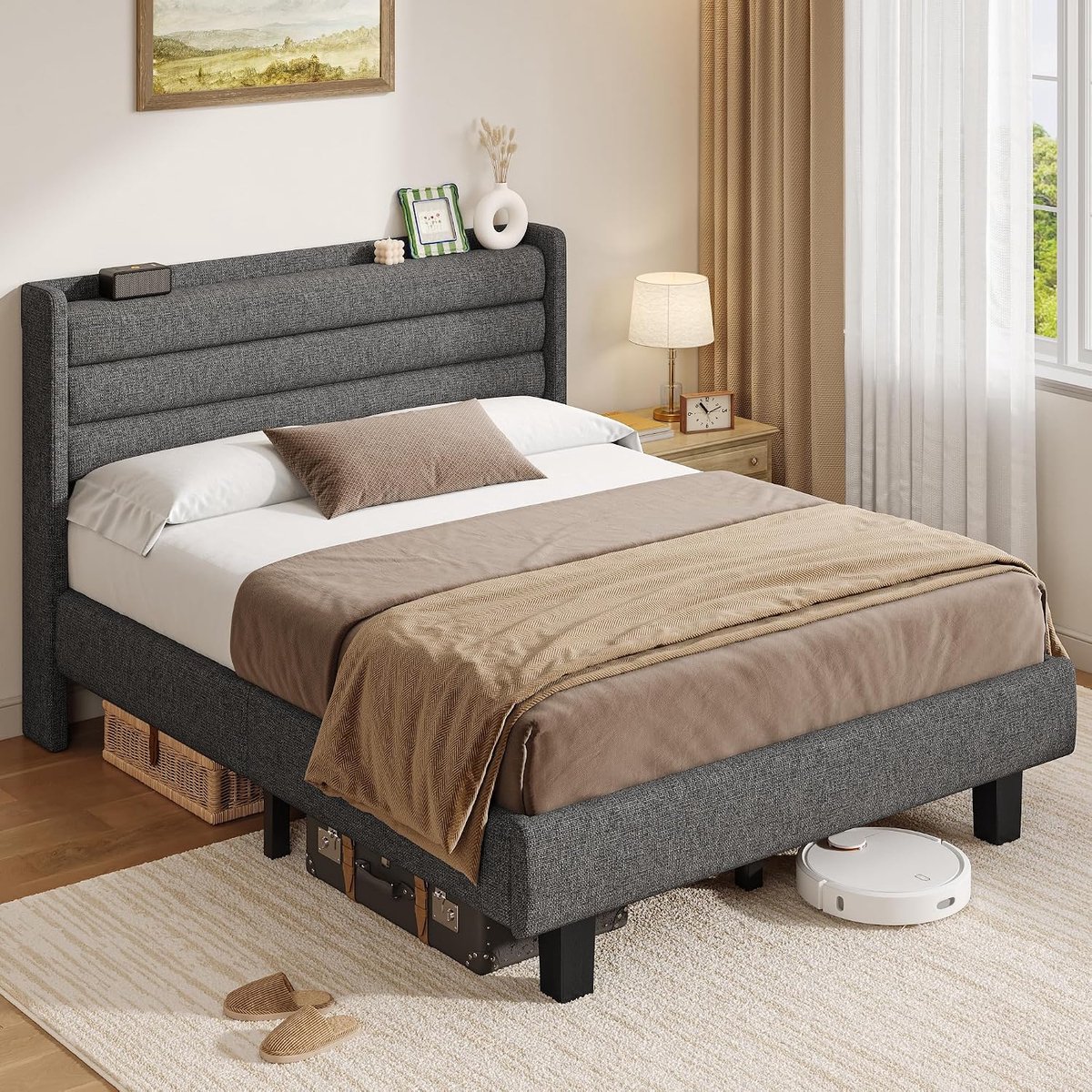 iPormis Upholstered Bed 140 x 200 cm Dark Grey with Linen Style Headboard and Metal Bed Frame Suitable for Bedroom, Guest Room and Teenager's Room