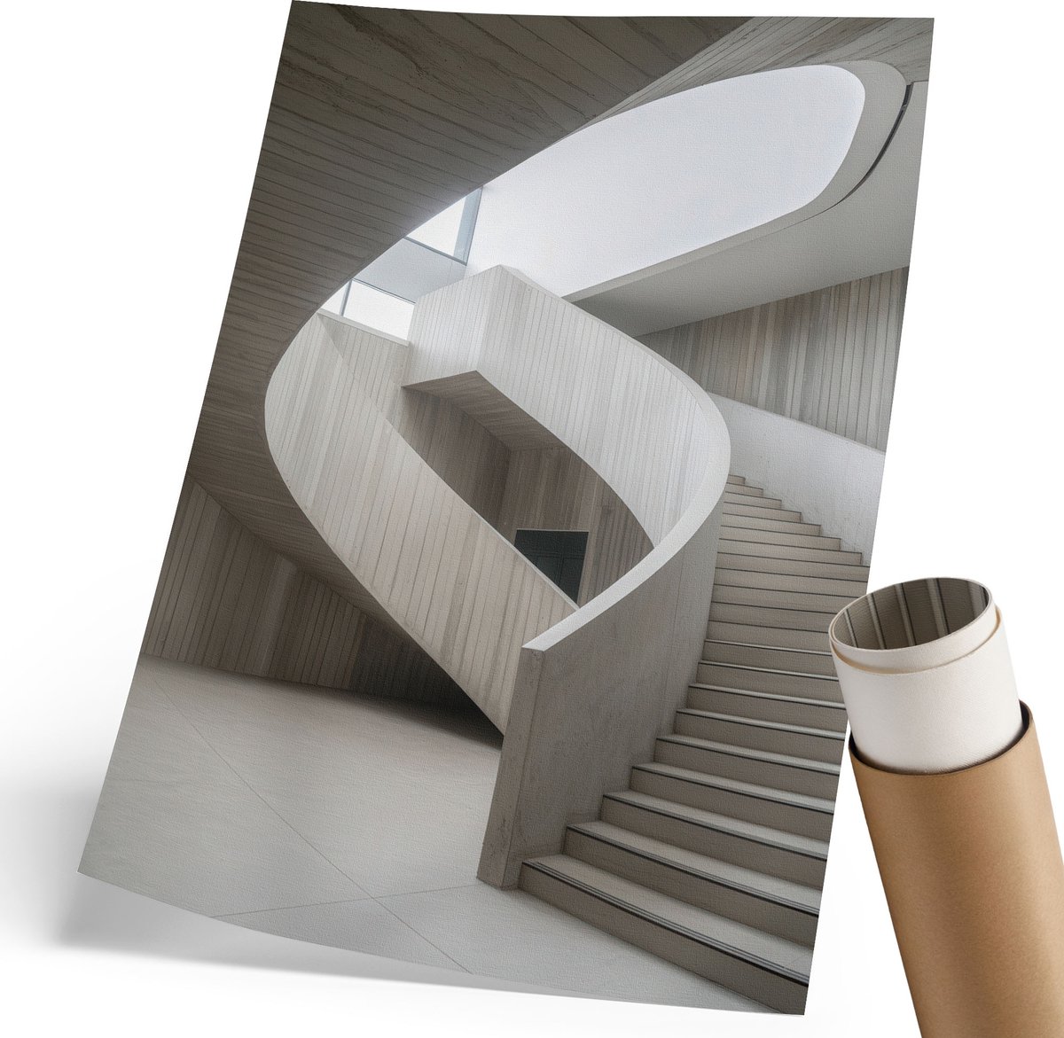 Coloray Polycanvas Wandposter - Gedraaide Trap, Fotografie - 210 x 297 mm - Wit Motief - Rechthoek - Interieurdecoratie - Woonkamer, Slaapkamer, Kantoor - Modern