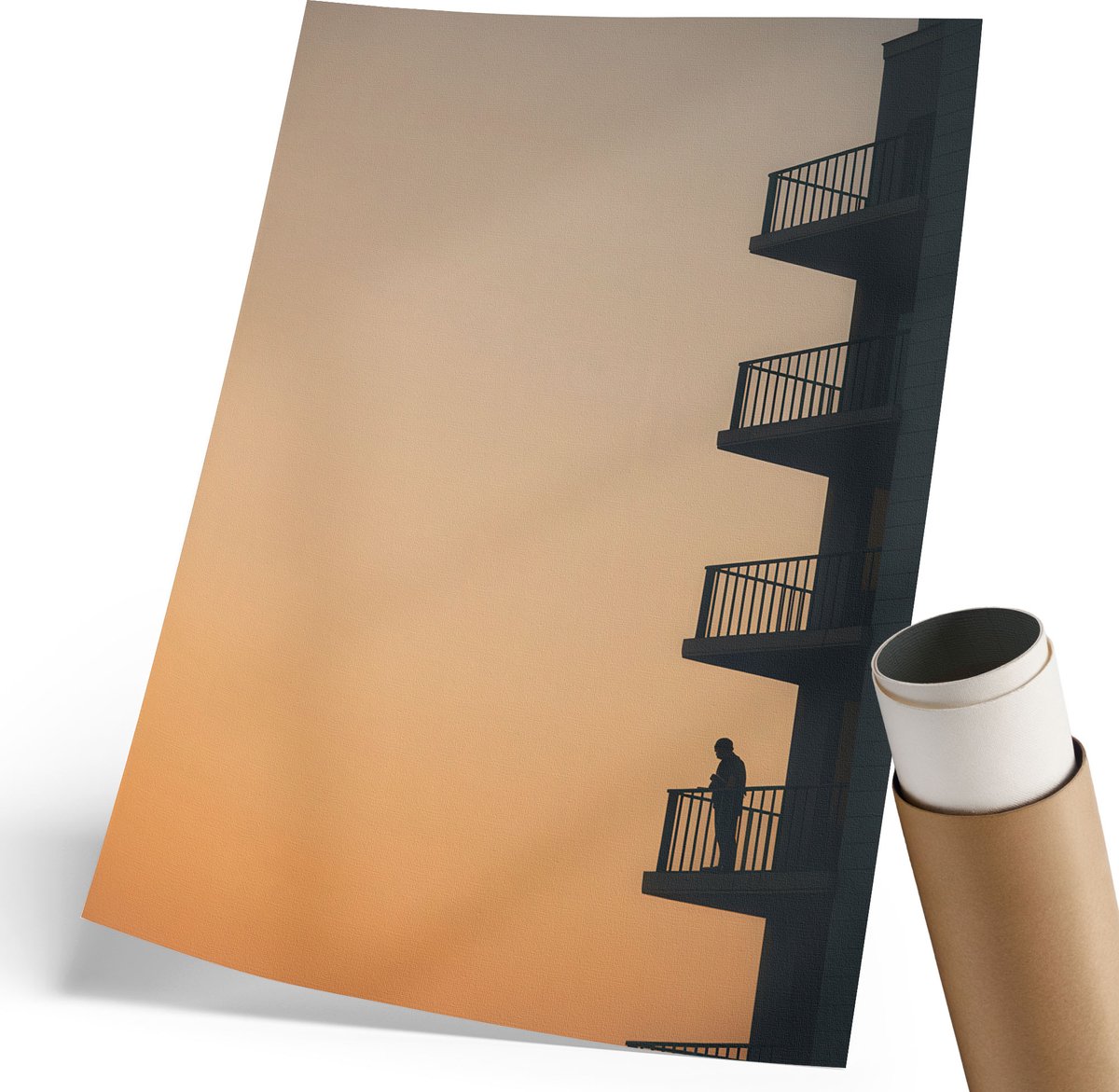 Coloray Polycanvas Poster - Avondbalkon, Fotografie - 210 x 297 mm - Oranje Motief - Rechthoek - Wandkunst - Woonkamer, Slaapkamer, Kantoor - Modern