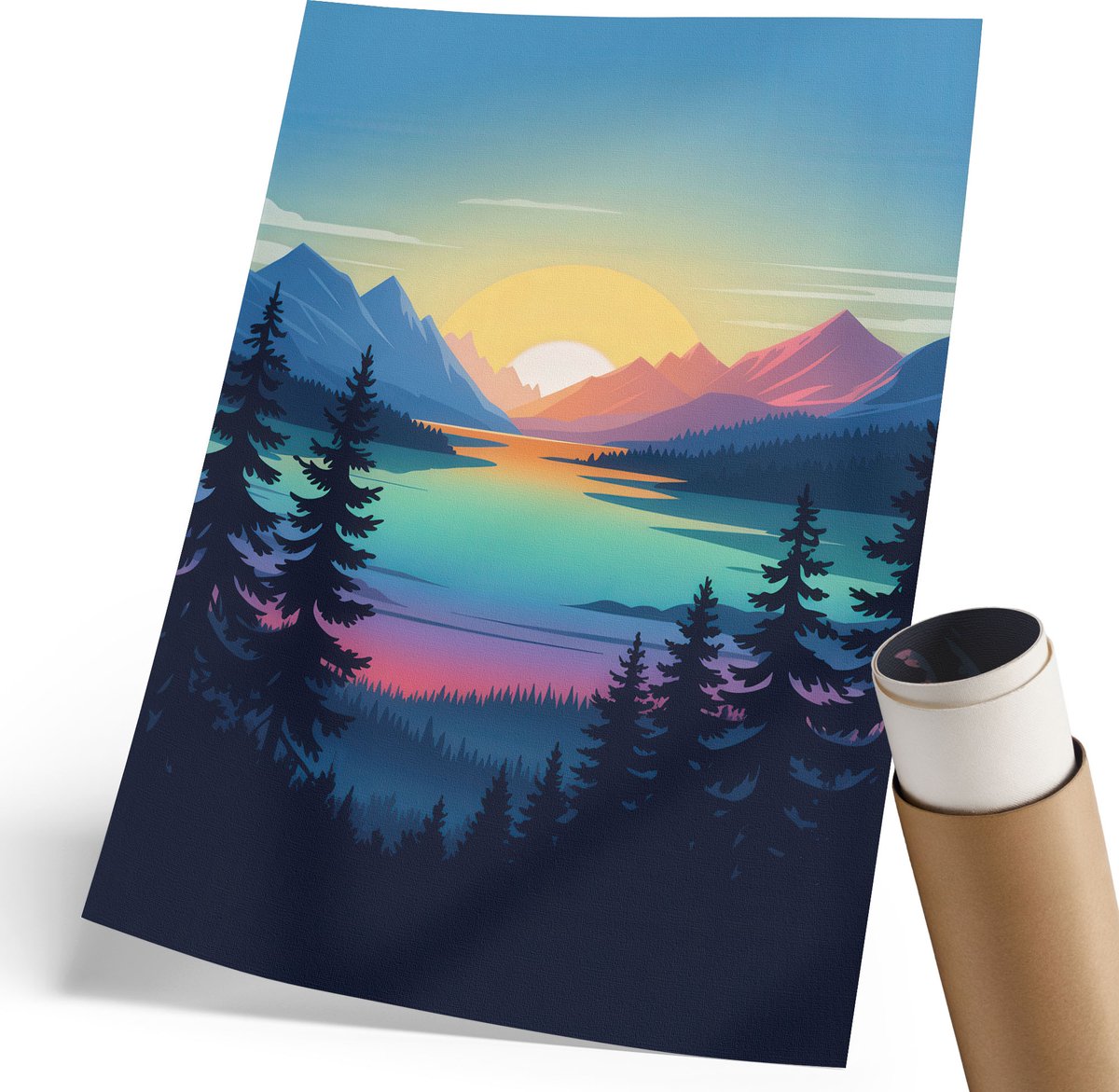 Coloray Polycanvas Wandposter - Bergachtig Westen, Illustratie - 210 x 297 mm - Blauw Wanddecoratie - Rechthoek - Canvasposter - Woonkamer, Slaapkamer, Kantoor - Modern