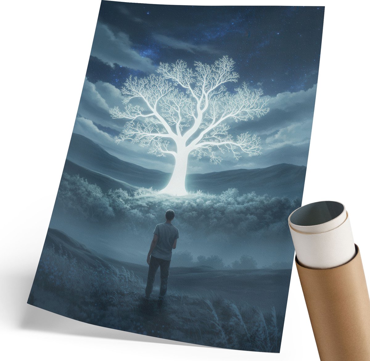 Coloray Polycanvas Poster - Lichtgevende Boom, Fotografie - 210 x 297 mm - Blauw Motief - Rechthoek - Muurdecoratie - Woonkamer, Slaapkamer, Kantoor - Modern