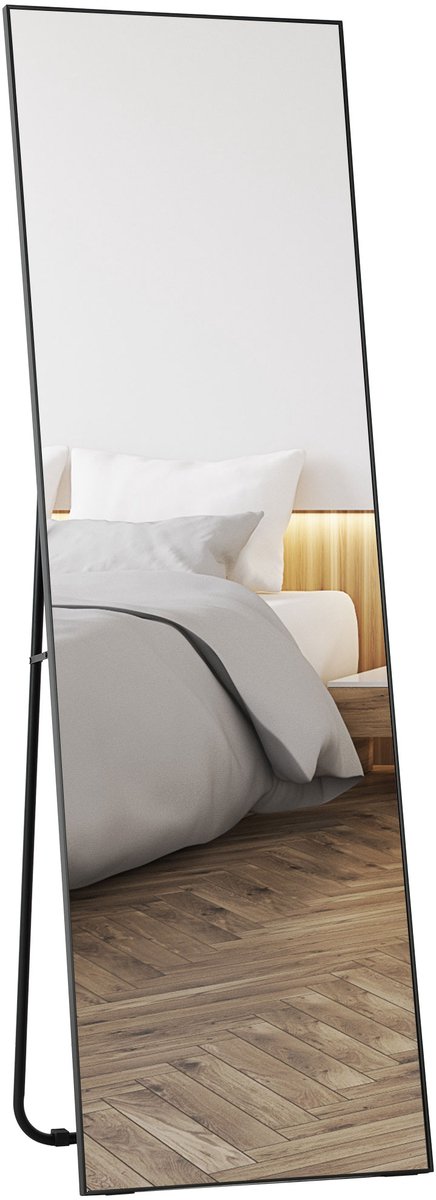 Lichaamsspiegel, minimalistische staande spiegel, staande spiegel met zwarte rand, kan aan de muur worden opgehangen, moderne make-upspiegel/badkamerspiegel, zwart