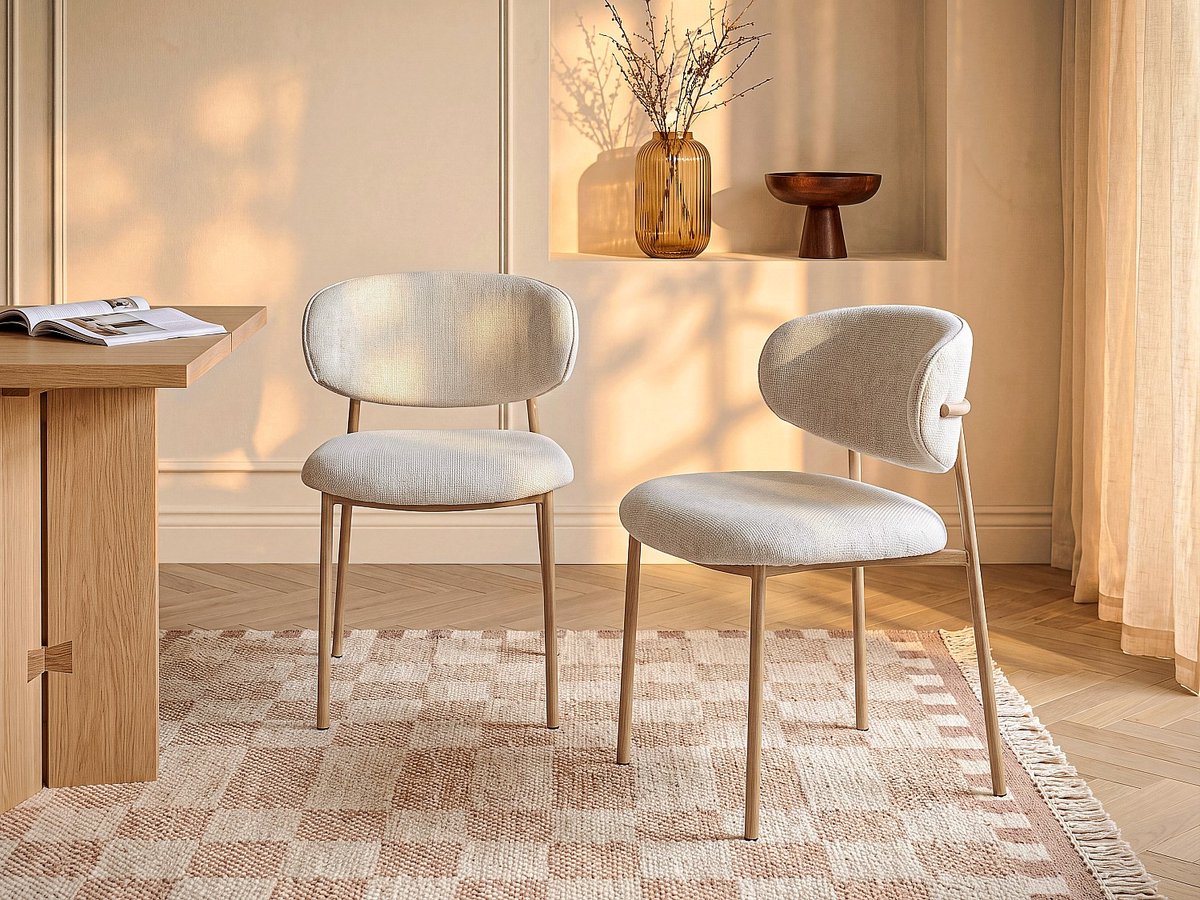 Vente-unique Set van 2 stoelen in gestructureerde stof en metaal met houtlook - Crème en naturel - NAFISA