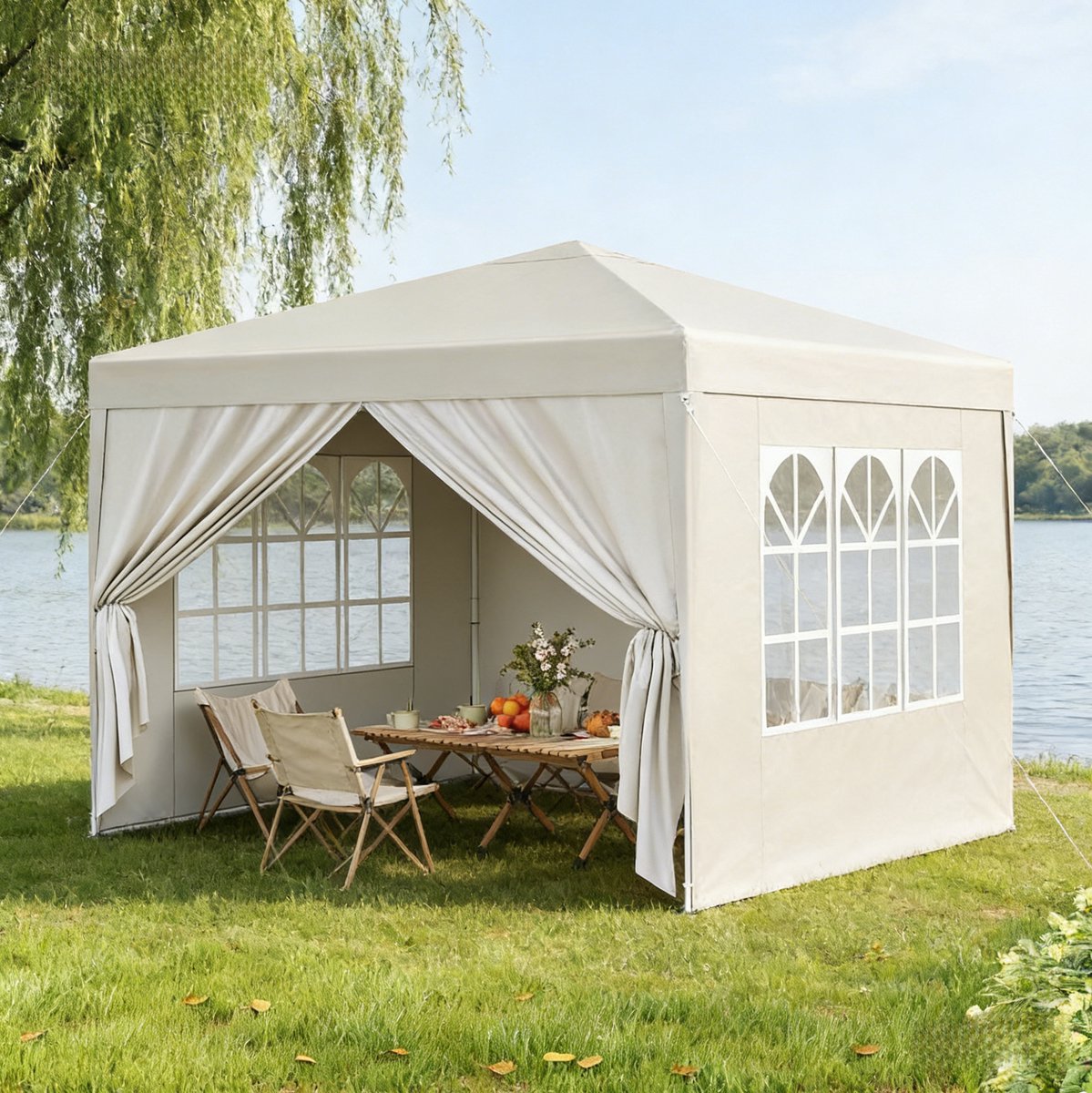 Wishdor Paviljoen - Verstelbare hoogte en opvouwbaar - Oxford stof met uv-bescherming en regenwering - Beige - Tuin terras balkon camping festival 300 x 300 cm
