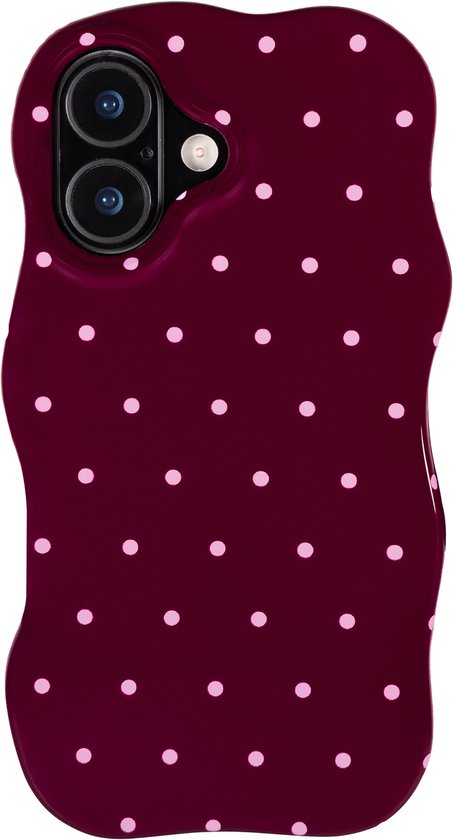 Coque bordeaux à pois roses avec un design ondulé.