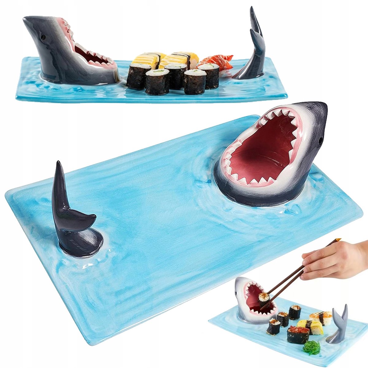 Keramieken sushikom Haai design blauw 33x20x10cm