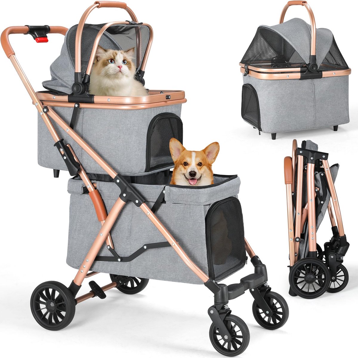 Hondenbuggy voor 2 Huisdieren – Inklapbaar 2-Laags – 360° Wielen – Tot 15 kg – Grijs