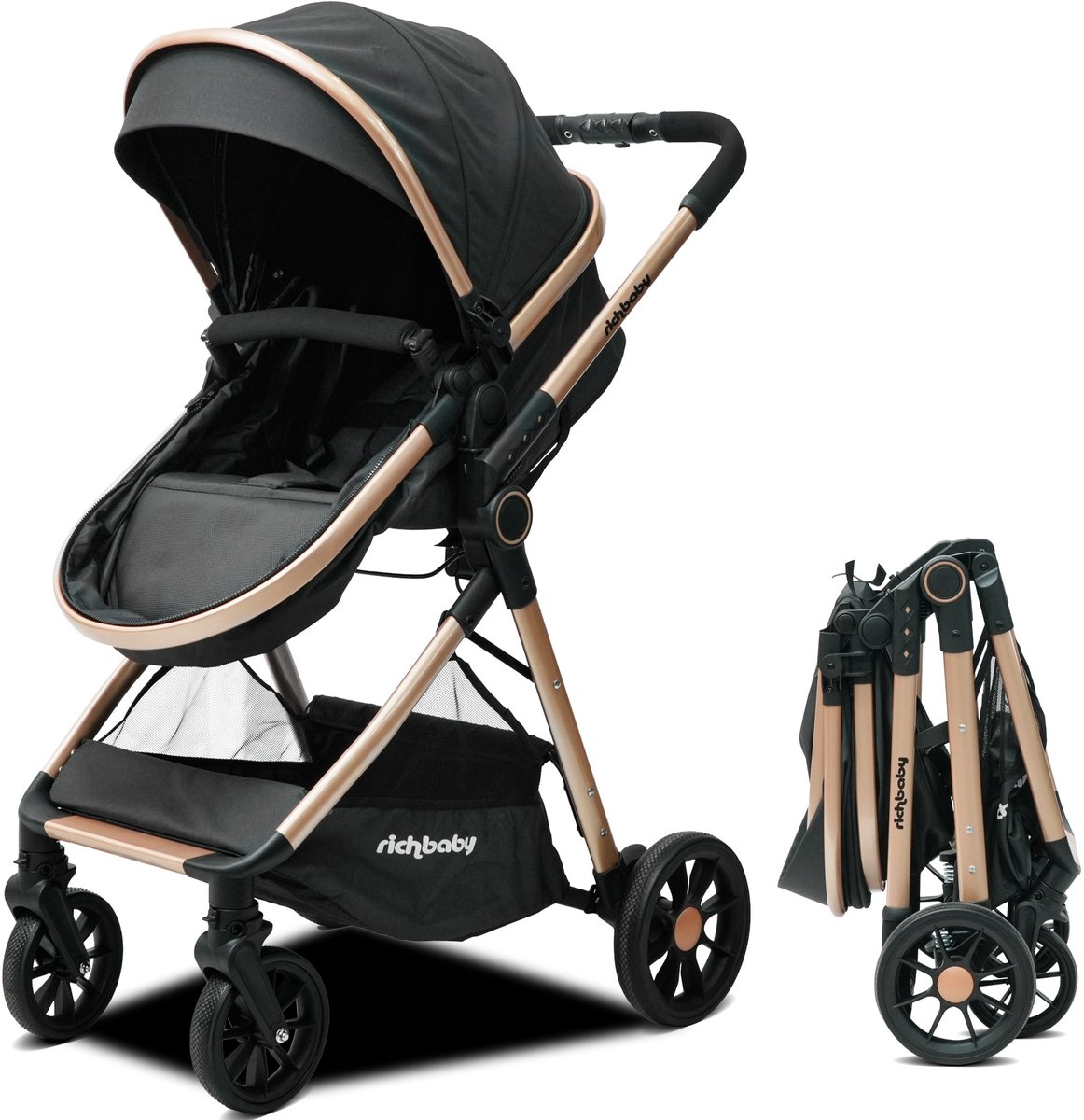 MODFU - Kinderwagen - 2-In-1 Met Reiswieg - Omkeerbare Zitting - Opvouwbaar - Zwart