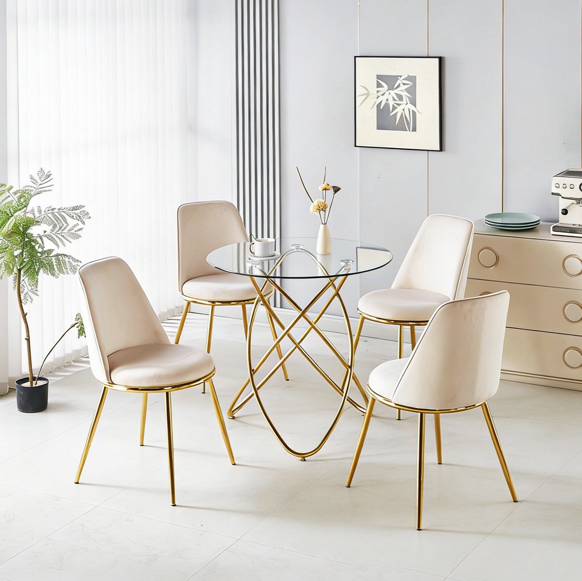 MODFU-Set Tafel En Stoelen-4 Stoelen-Ronde Glazen Tafel-Crème Wit-Metaal